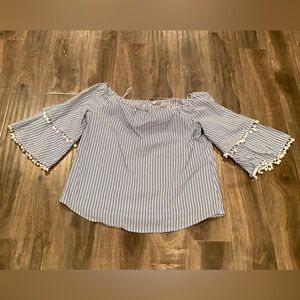 Belle sky blue white striped off the shoulder pom bell sleeve size XL